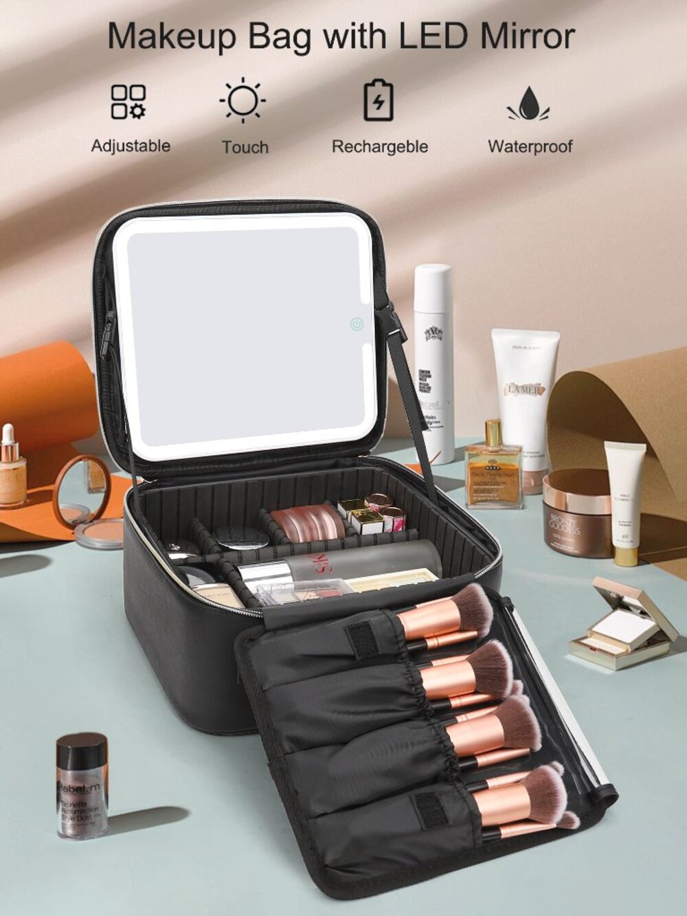 Makeup case with a built-in LED lighted mirror and adjustable dividers